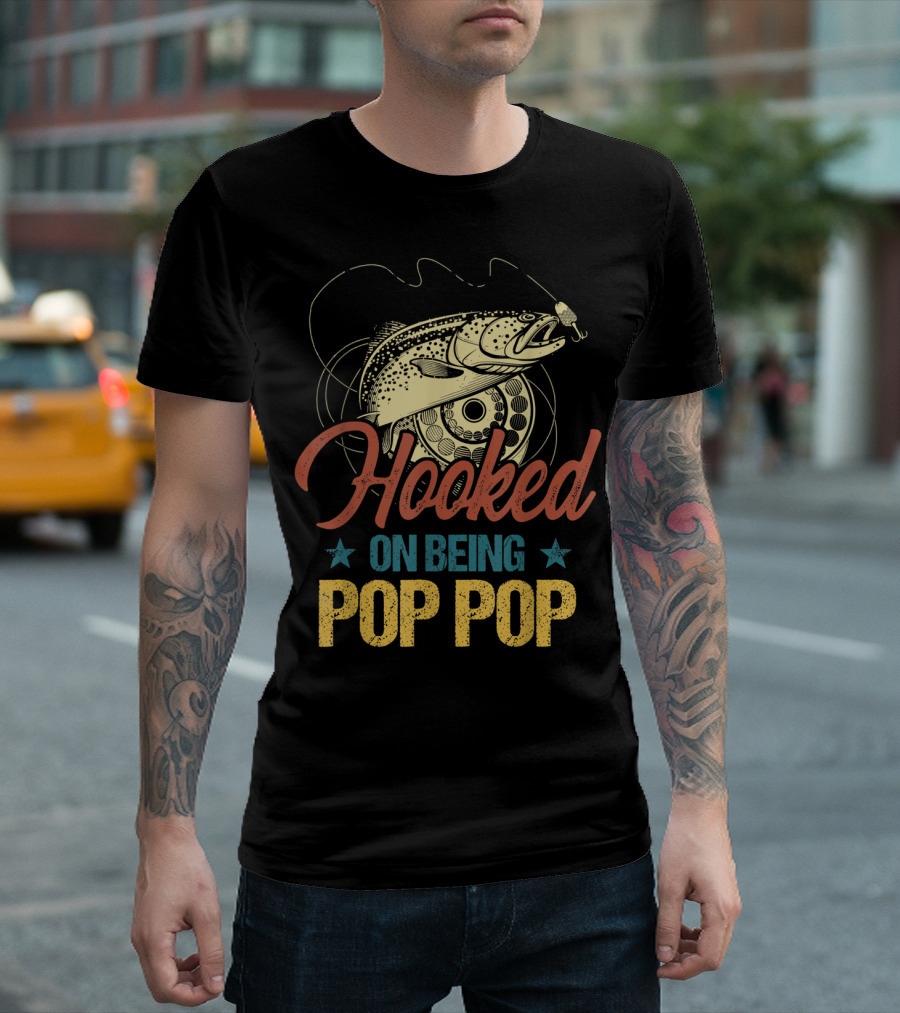 Hooked On Being Pop Pop Fishing Vintage Mens T-Shirt