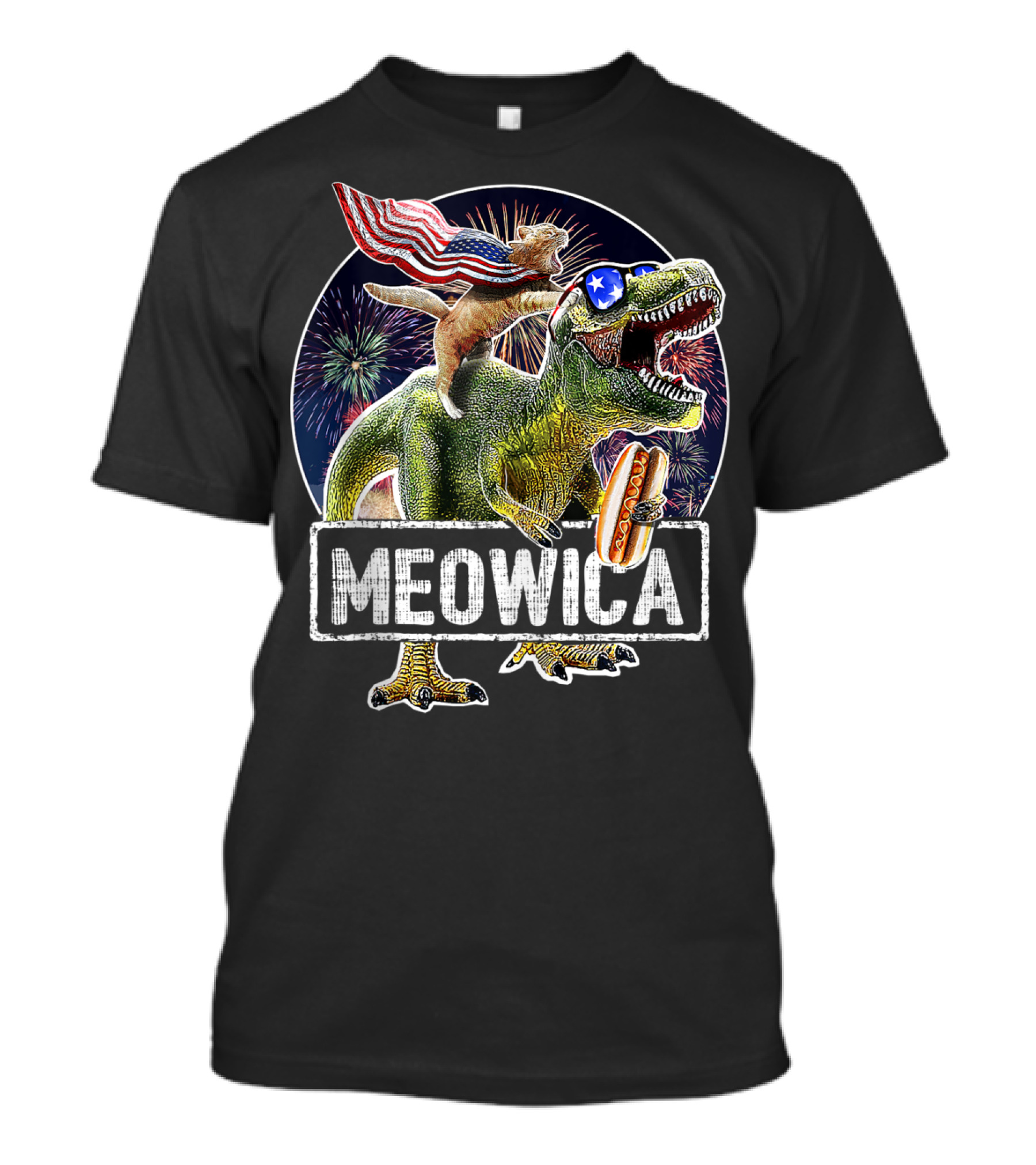 Meowica Cat Riding T-Rex Holding Hotdog With American Flag For 4th Of July T-Shirt