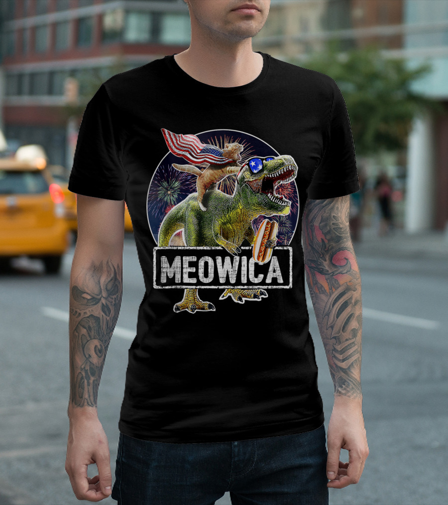 Meowica Cat Riding T-Rex Holding Hotdog With American Flag For 4th Of July T-Shirt