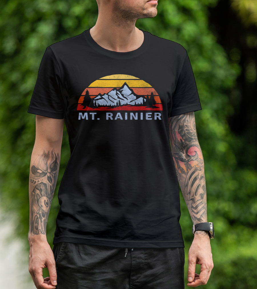 Mt. Rainier Retro Sunset With Mountain And Trees T-Shirt