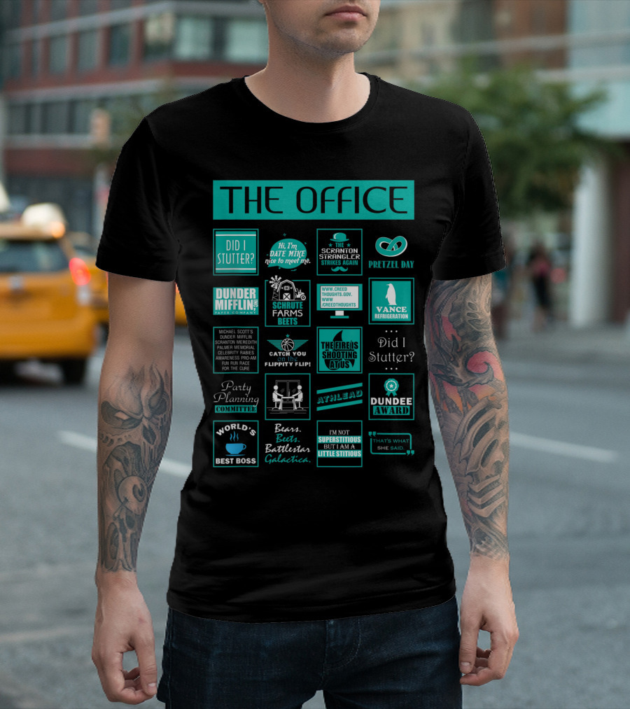 The Office Mash Up Dunder Mifflin Schrute Farms Bears Battlestar Galactica Dundee Award T-Shirt