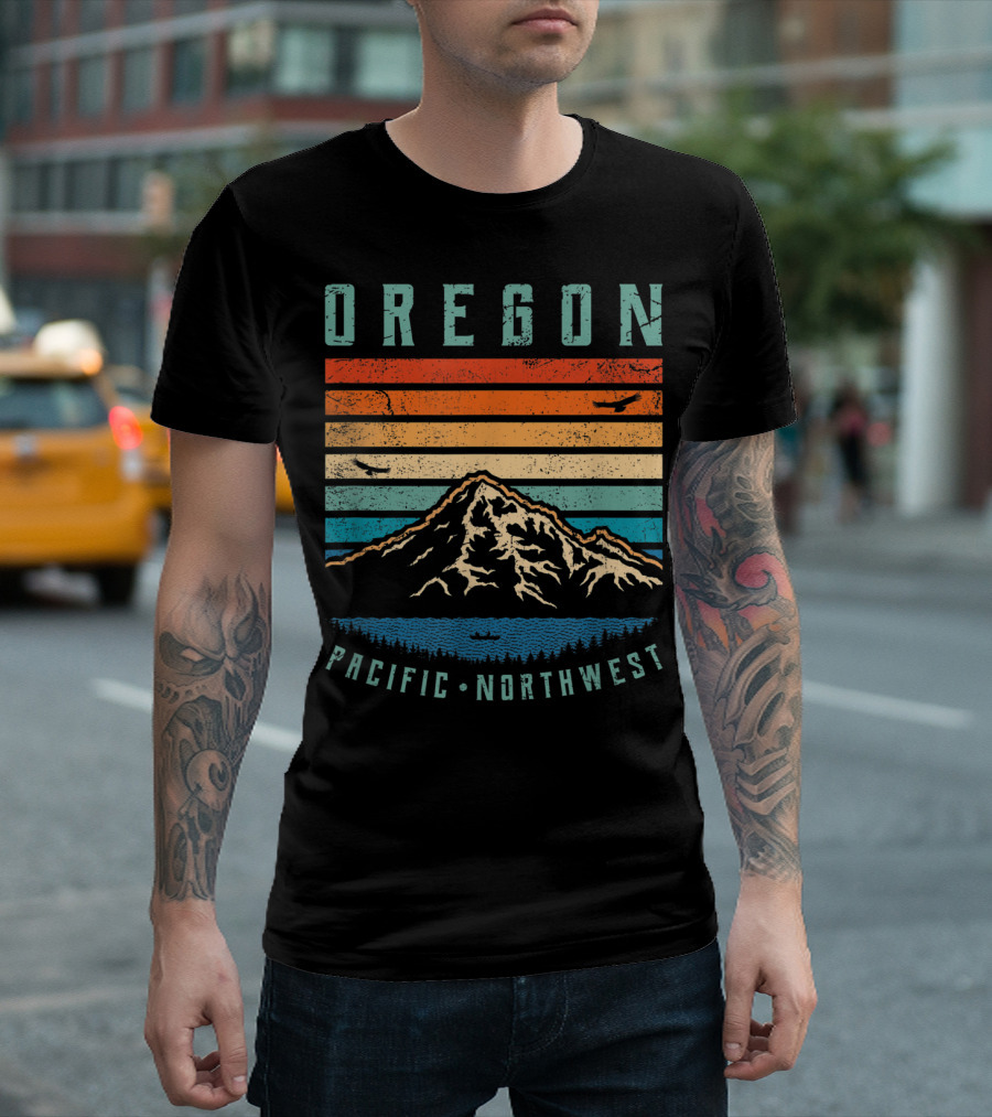 Oregon Pacific Northwest Vintage Portland Mountain Sunset Stripes T-Shirt