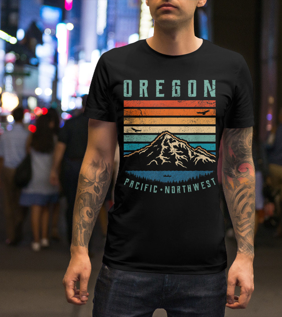Oregon Pacific Northwest Vintage Portland Mountain Sunset Stripes T-Shirt