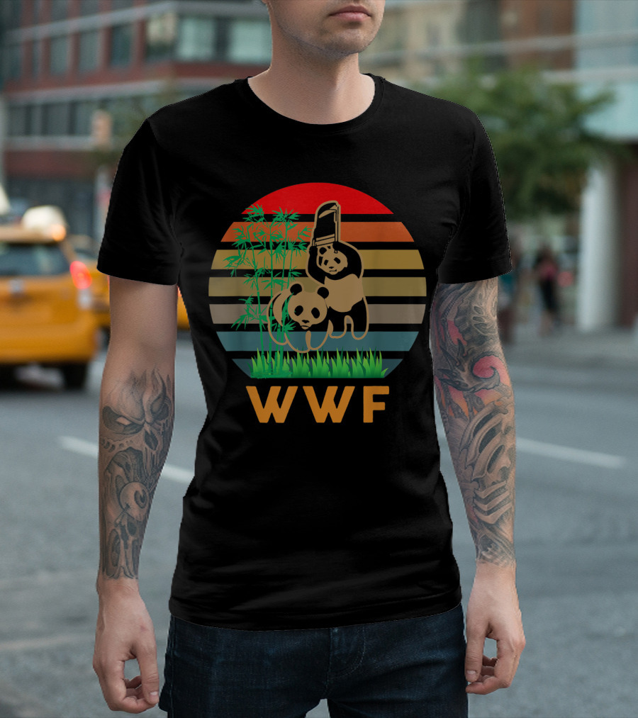 WWF Panda Bears with Bamboo and Retro Stripes T-Shirt