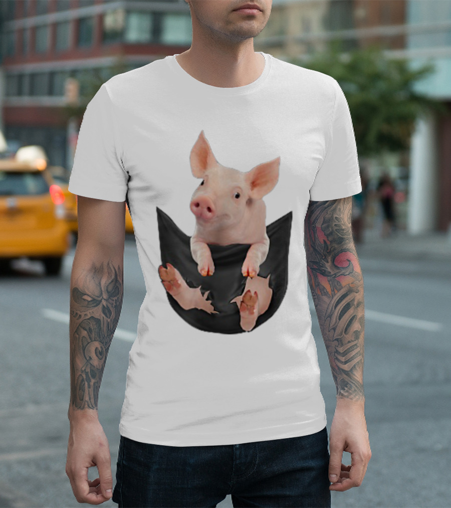Pig Peeking Out of Pocket Farm Animal T-Shirt
