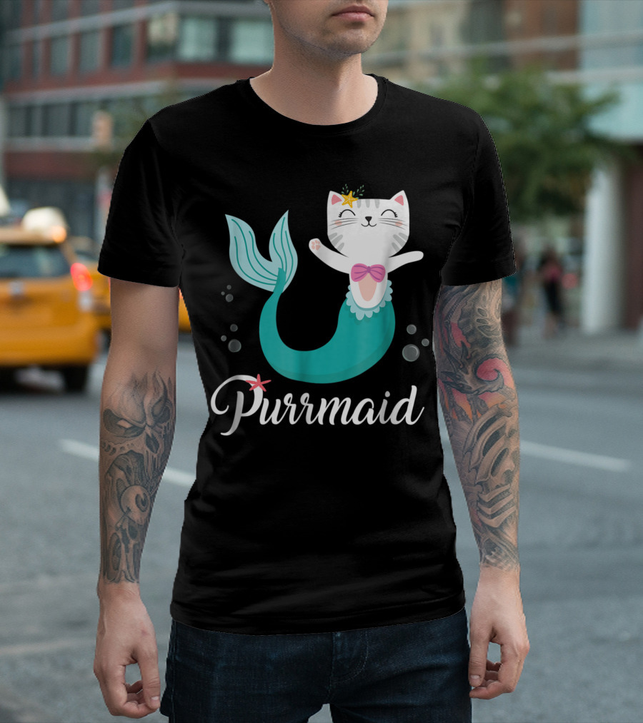 Purrmaid Cat Mermaid for Girls with Star and Bow T-Shirt