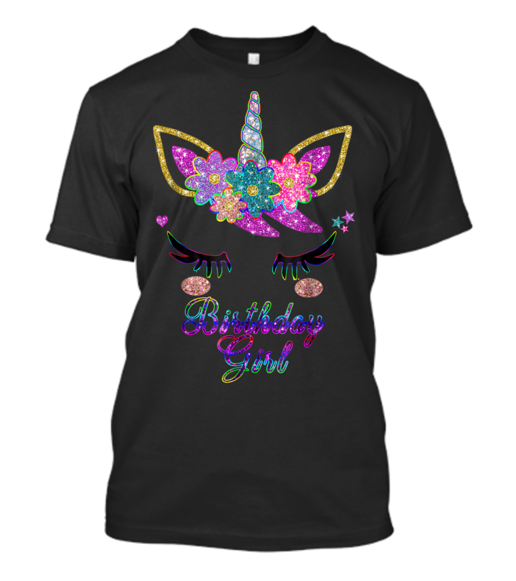 Rainbow Glitter Unicorn Birthday Girl Flowers Stars T-Shirt