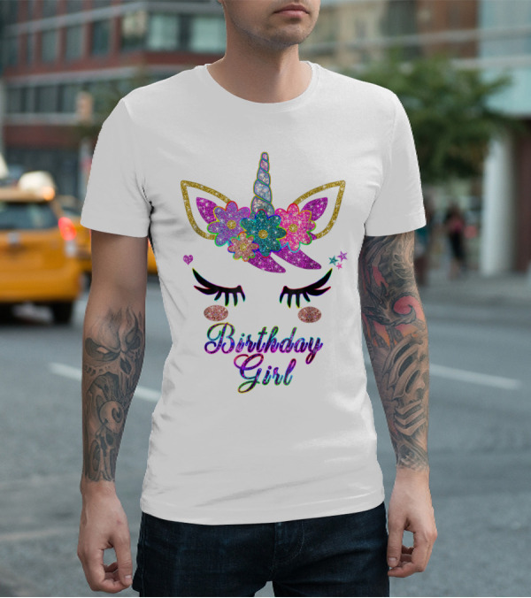 Rainbow Glitter Unicorn Birthday Girl Flowers Stars T-Shirt