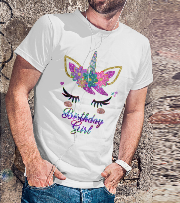 Rainbow Glitter Unicorn Birthday Girl Flowers Stars T-Shirt