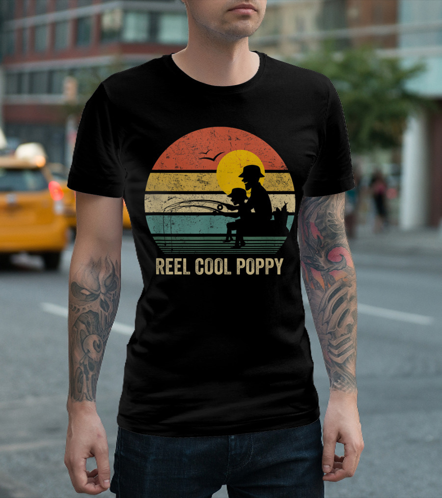 Reel Cool Poppy Vintage Fisherman Father's Retro Style Sun T-Shirt