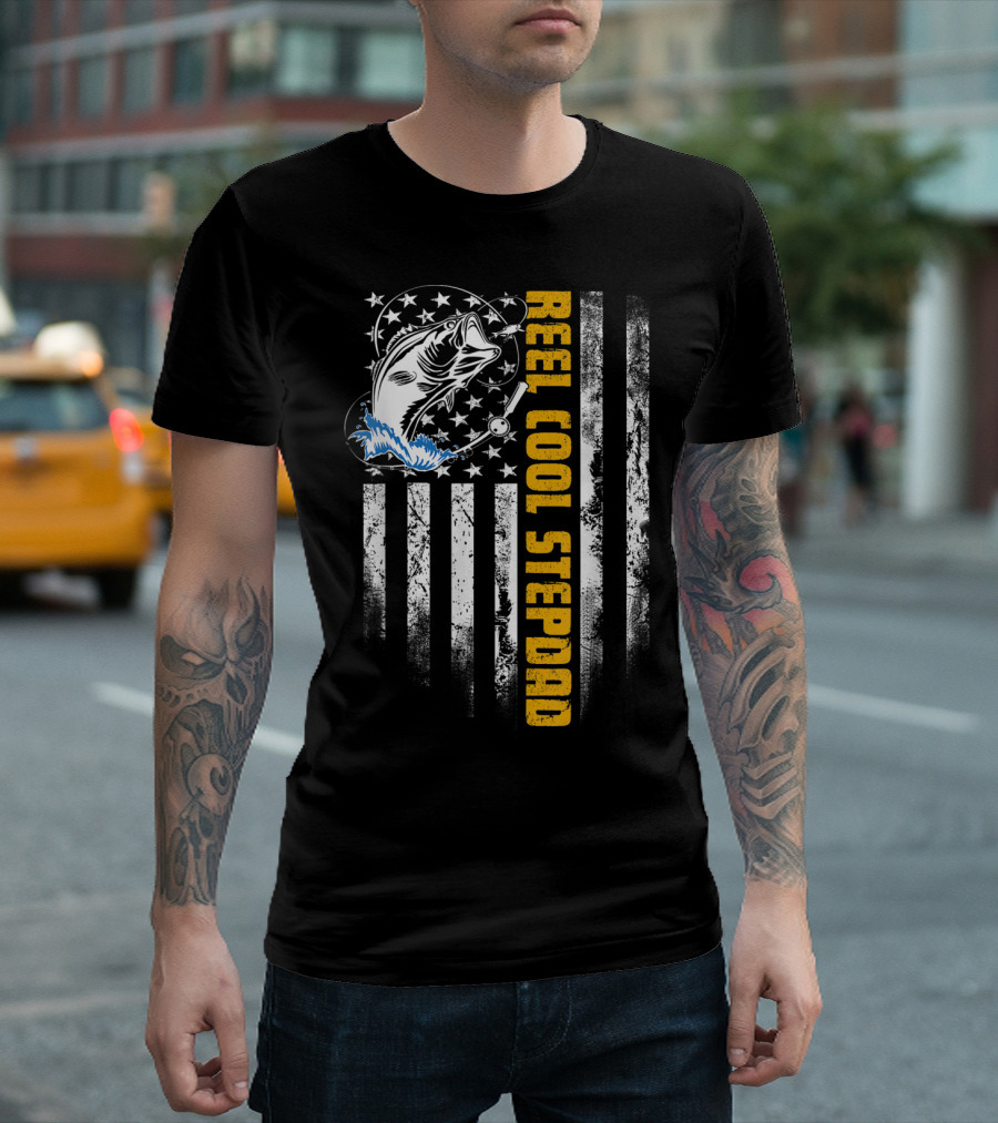 Reel Cool Stepdad USA Flag Fish Fishing Rod Stars Stripes T-Shirt