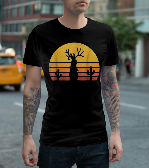 Retro Eighties Sunset Jackalope Silhouette With Cactus Vintage Cryptid T-Shirt