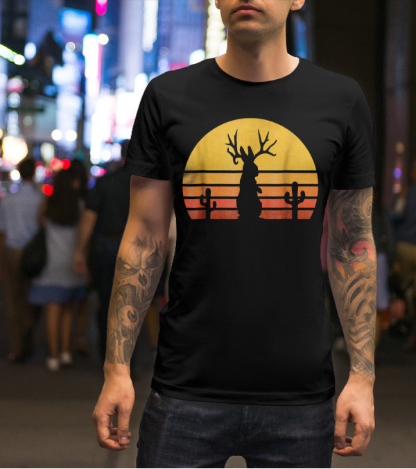 Retro Eighties Sunset Jackalope Silhouette With Cactus Vintage Cryptid T-Shirt