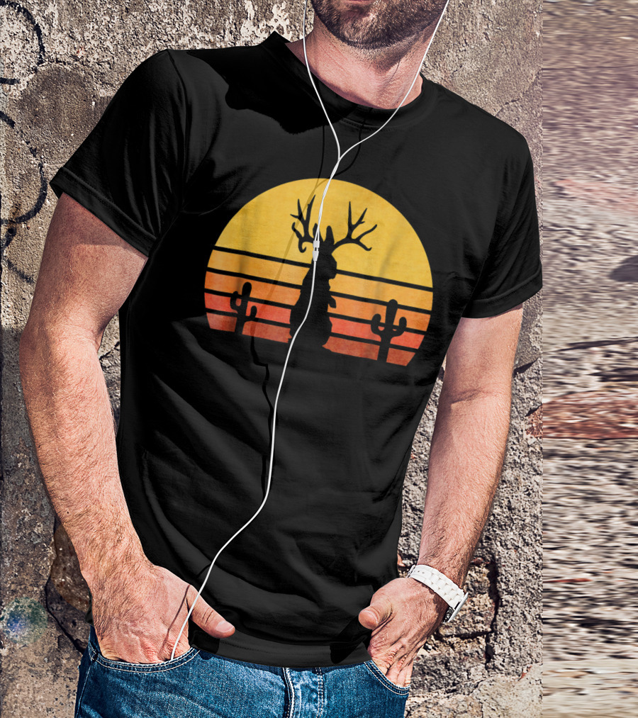 Retro Eighties Sunset Jackalope Silhouette With Cactus Vintage Cryptid T-Shirt