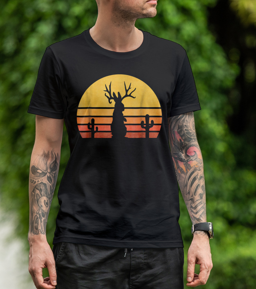 Retro Eighties Sunset Jackalope Silhouette With Cactus Vintage Cryptid T-Shirt