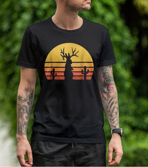 Retro Eighties Sunset Jackalope Silhouette With Cactus Vintage Cryptid T-Shirt