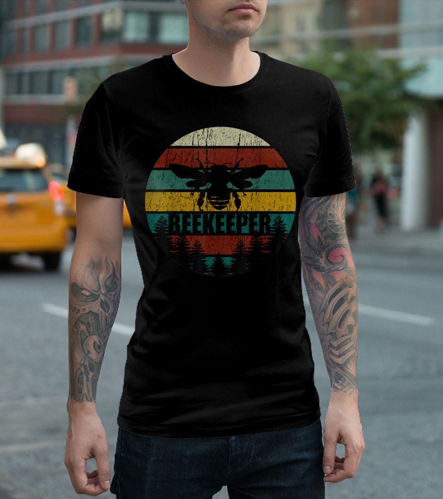 Retro Vintage Beekeeper Bee Stripes and Forest T-Shirt