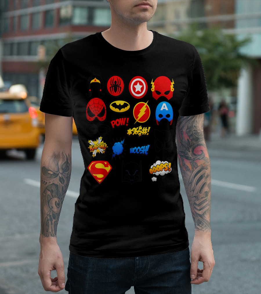 Superheroes Icons Spider Captain Batman Flash Wonder Emoji KABOOM POW OOOOPS Super T-Shirt