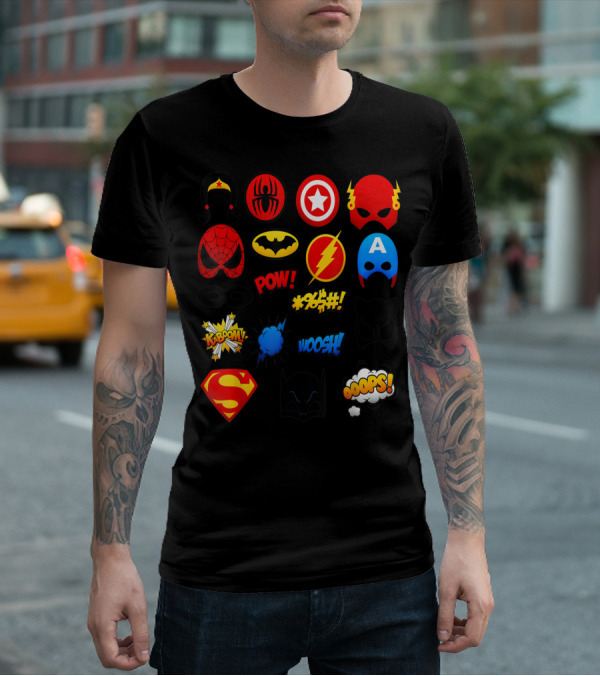 Superheroes Icons Spider Captain Batman Flash Wonder Emoji KABOOM POW OOOOPS Super T-Shirt