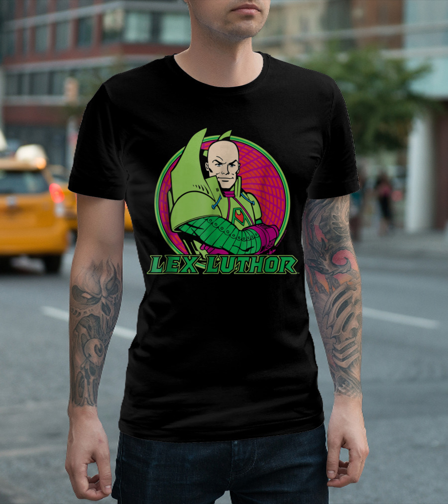 Lex Luthor Iconic Supervillain Style in Bold Green and Pink Armored Suit T-Shirt