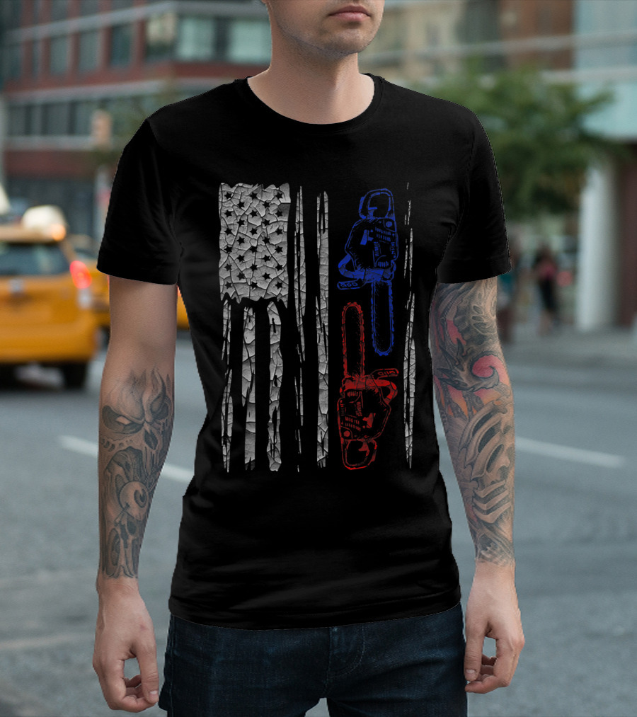 US FLAG CHAINSAW Lumberjack Logger Lumber Patriotic Chainsaws T-Shirt