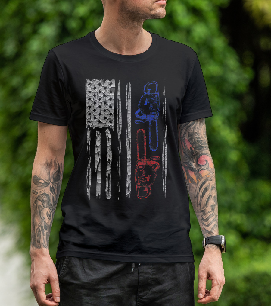 US FLAG CHAINSAW Lumberjack Logger Lumber Patriotic Chainsaws T-Shirt