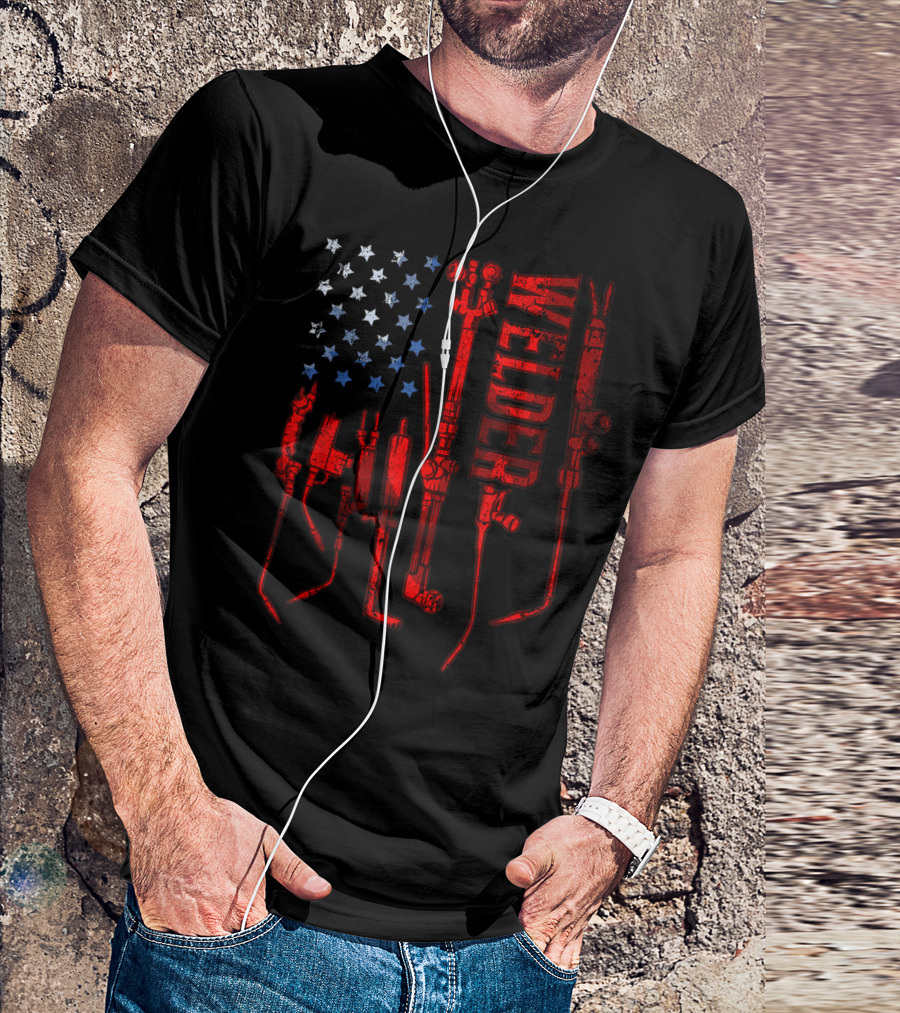 USA Flag Gas Welding Torch Tools Design Welder Mask Metal Hood Glove T-Shirt
