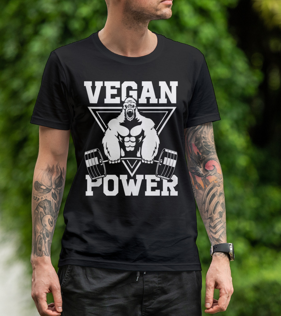 Vegan Power Gorilla Weightlifting Strength Fitness T-Shirt