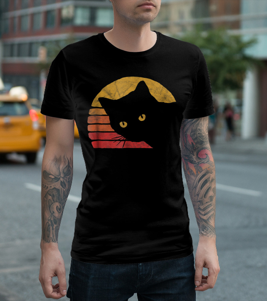 Vintage Eighties Style Cat Distressed Silhouette Retro Sunset T-Shirt
