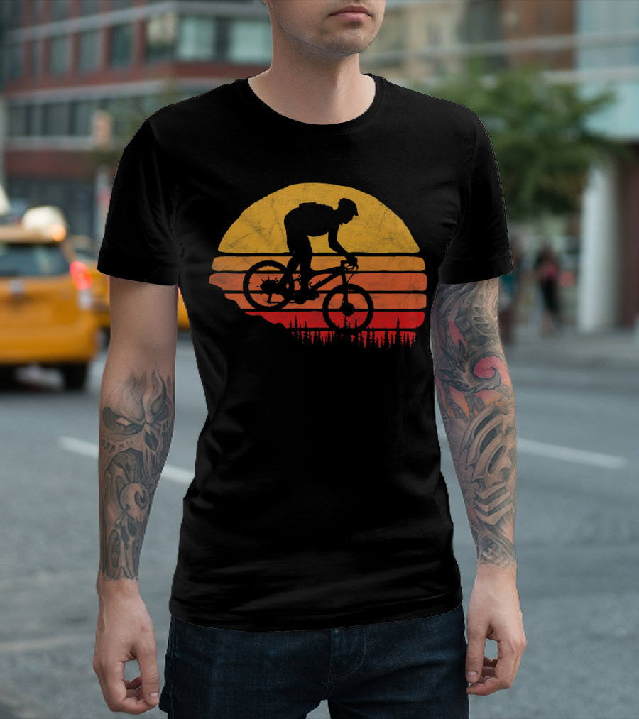 Vintage Mountain Biking Sunset Silhouette Forest Trail T-Shirt