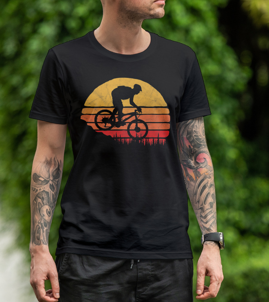 Vintage Mountain Biking Sunset Silhouette Forest Trail T-Shirt