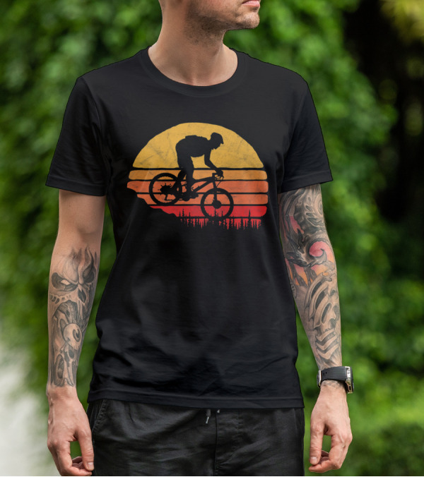 Vintage Mountain Biking Sunset Silhouette Forest Trail T-Shirt