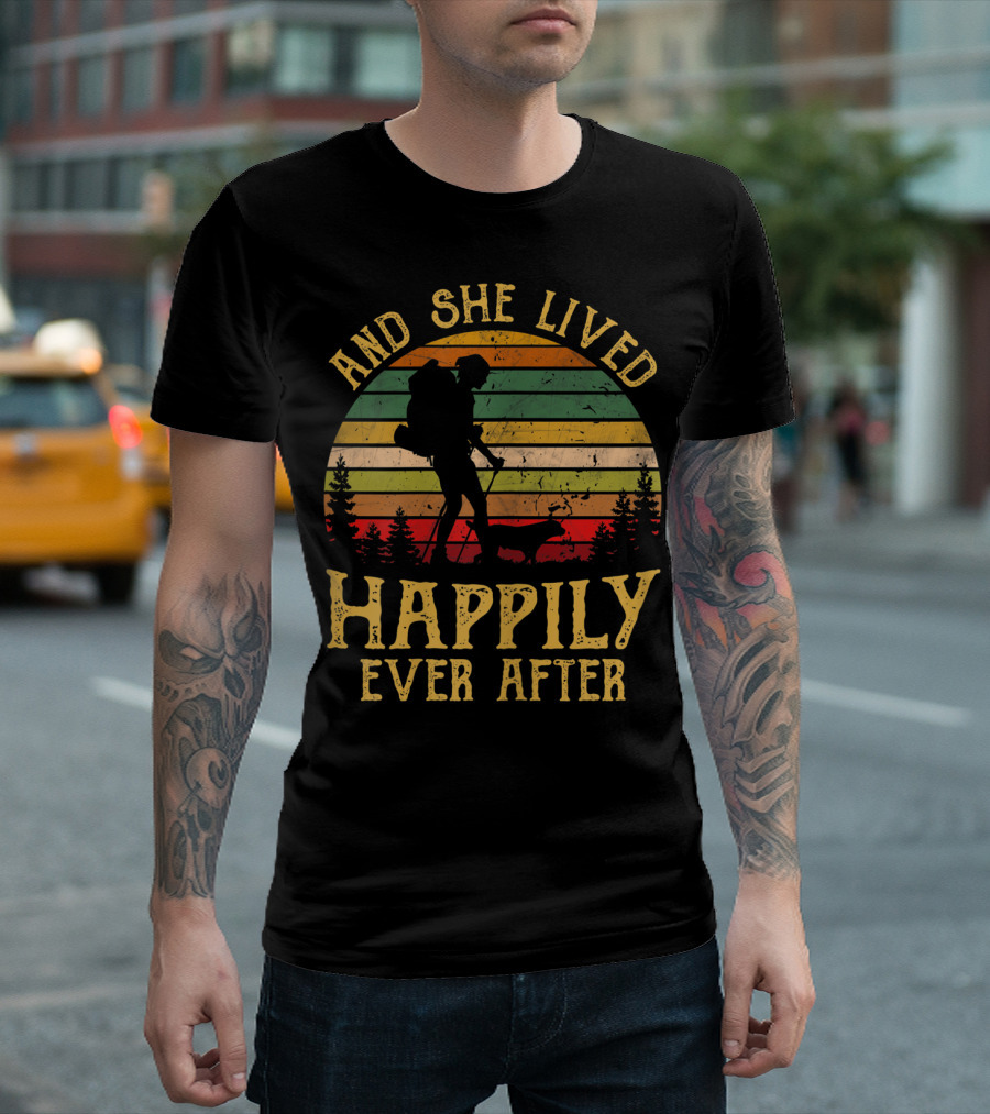 And She Lived Happily Ever After Hiking Vintage Sunset Forest T-Shirt