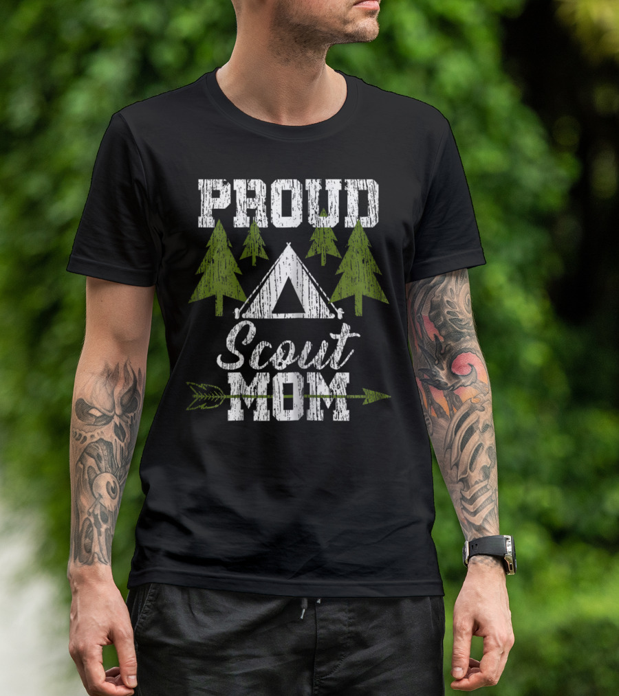 Proud Scout Mom Camping Tent Trees Arrow T-Shirt