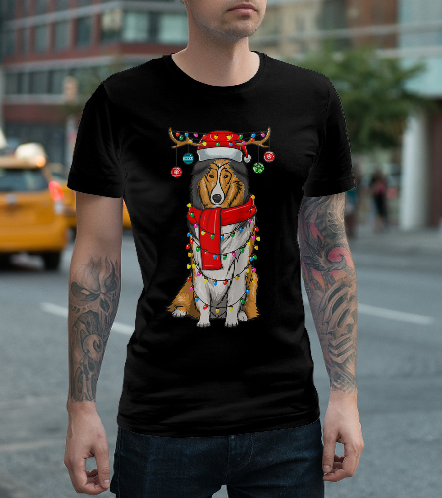 Christmas Cute Collie Dog Wrapped in Holiday Lights with Santa Hat and Antlers T-Shirt