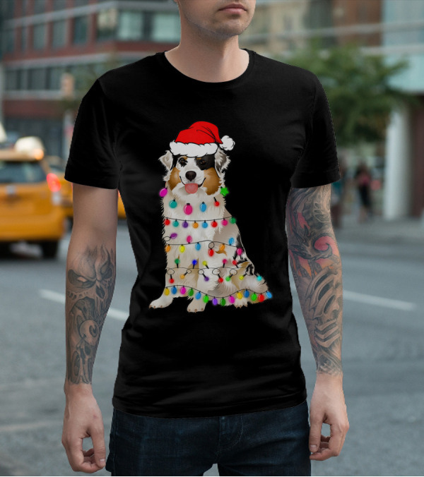 Australian Shepherd Wrapped In Christmas Lights With Santa Hat T-Shirt