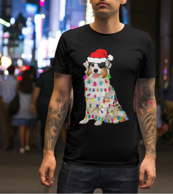 Australian Shepherd Wrapped In Christmas Lights With Santa Hat T-Shirt