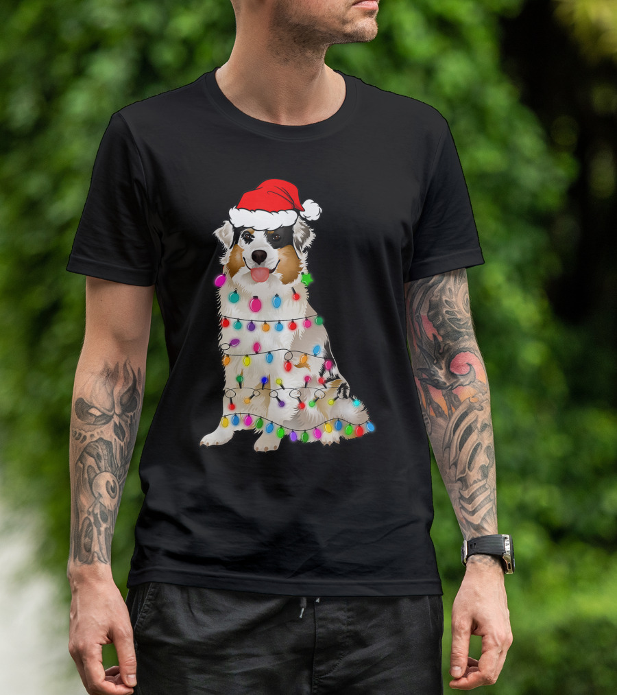Australian Shepherd Wrapped In Christmas Lights With Santa Hat T-Shirt