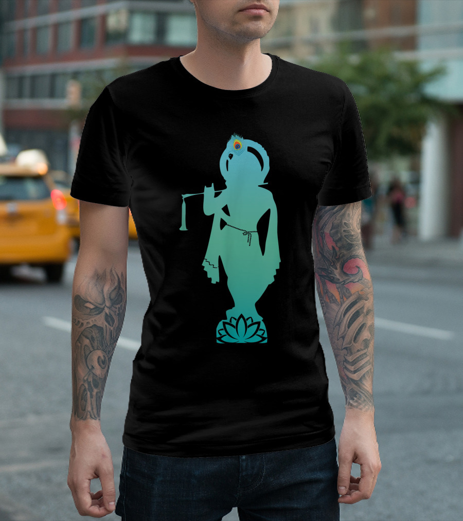 Divine Glory Lord Krishna Flute Silhouette with Peacock Feather and Lotus T-Shirt