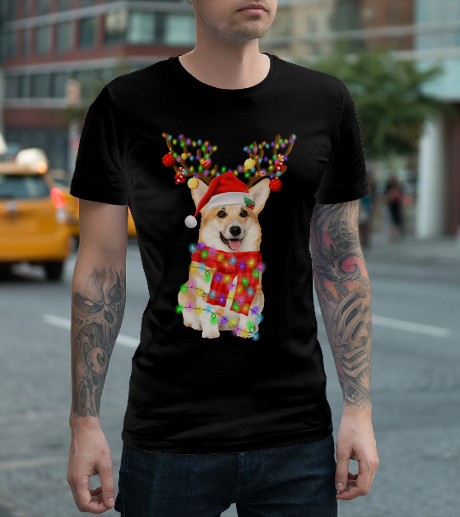Funny Christmas Corgi Reindeer with Santa Hat and Festive Lights T-Shirt