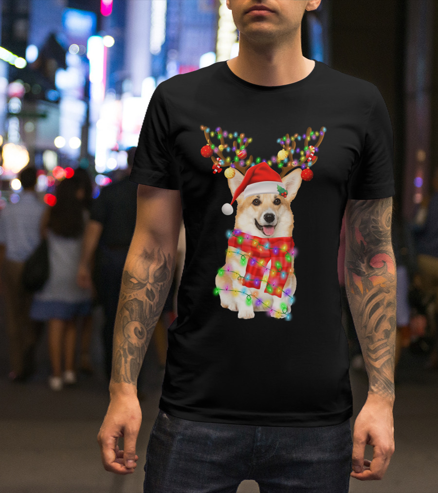 Funny Christmas Corgi Reindeer With Santa Hat And Festive Lights T-Shirt