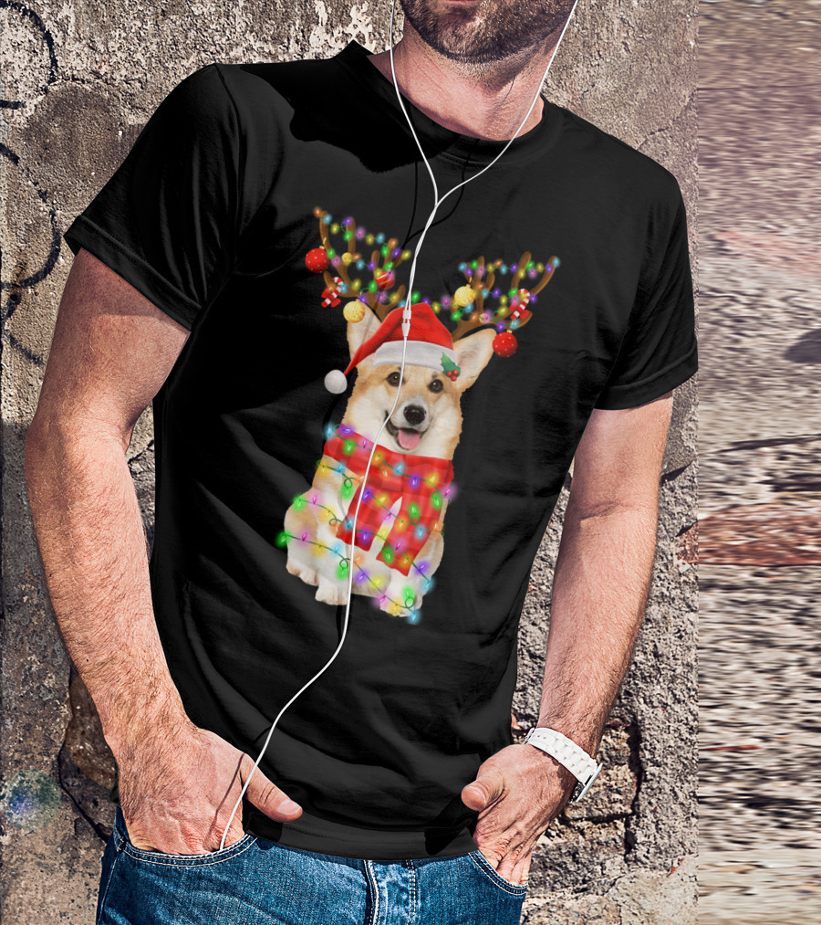 Funny Christmas Corgi Reindeer With Santa Hat And Festive Lights T-Shirt