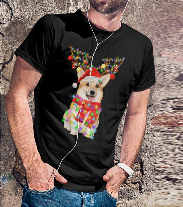 Funny Christmas Corgi Reindeer With Santa Hat And Festive Lights T-Shirt