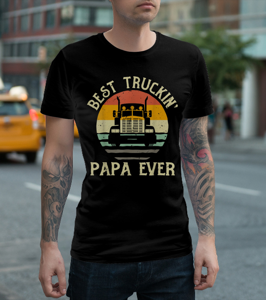 Best Truckin' Papa Ever Vintage Sunset Truck T-Shirt