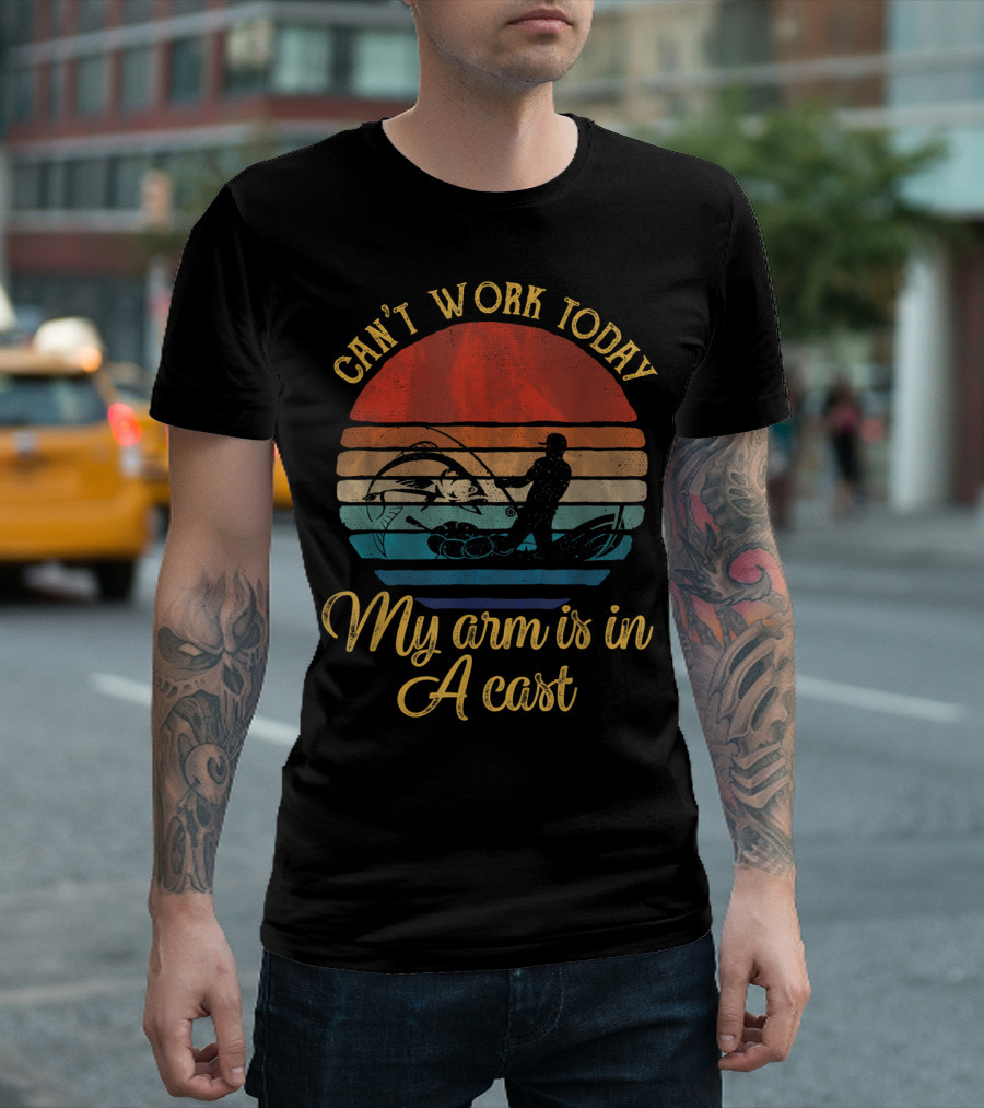 Can't Work Today My Arm Is In A Cast Vintage Sunset Fishing T-Shirt