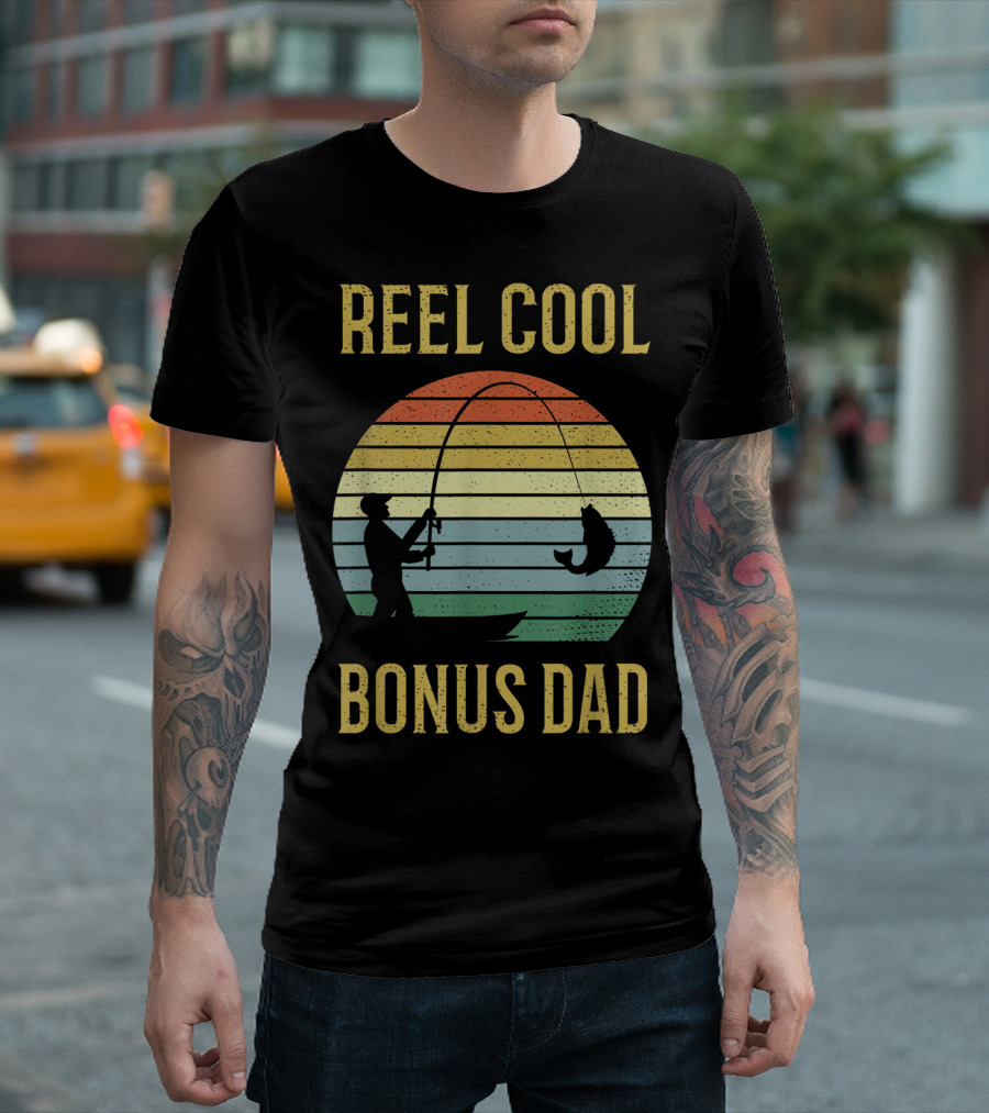 Mens Reel Cool Bonus Dad Fishing Retro Sunset T-Shirt