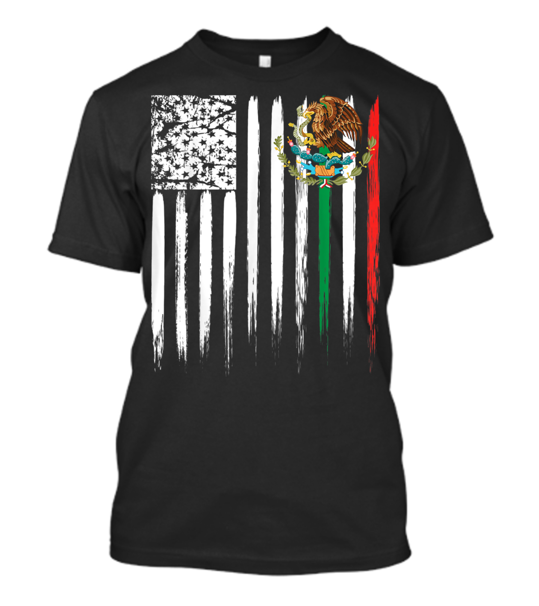 Mexican American Flag With Eagle And Serpent Symbol On Distressed Stripes T-Shirt