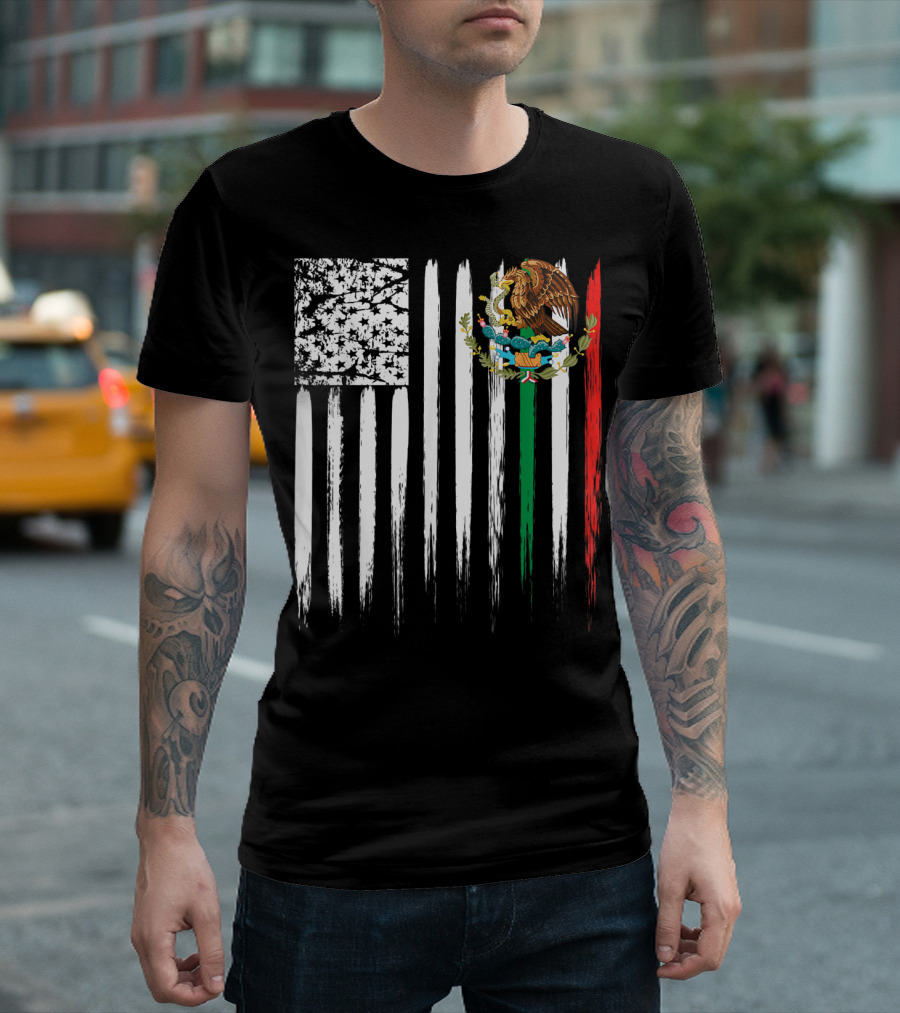 Mexican American Flag With Eagle And Serpent Symbol On Distressed Stripes T-Shirt