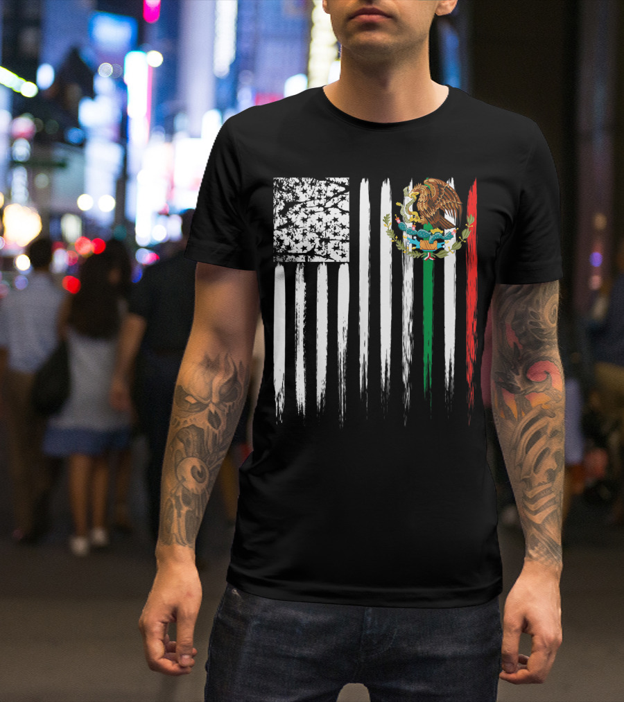 Mexican American Flag With Eagle And Serpent Symbol On Distressed Stripes T-Shirt