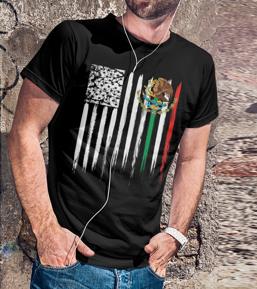 Mexican American Flag With Eagle And Serpent Symbol On Distressed Stripes T-Shirt